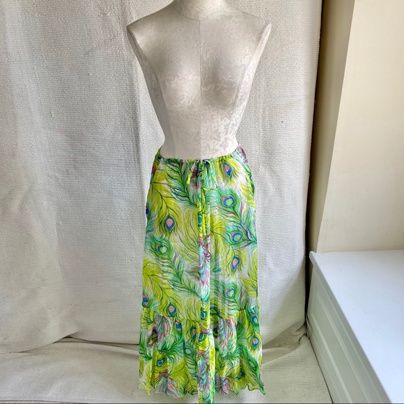 Anthro OS Silk Peacock Feather Print Skirt Dress - Picture 6 of 8